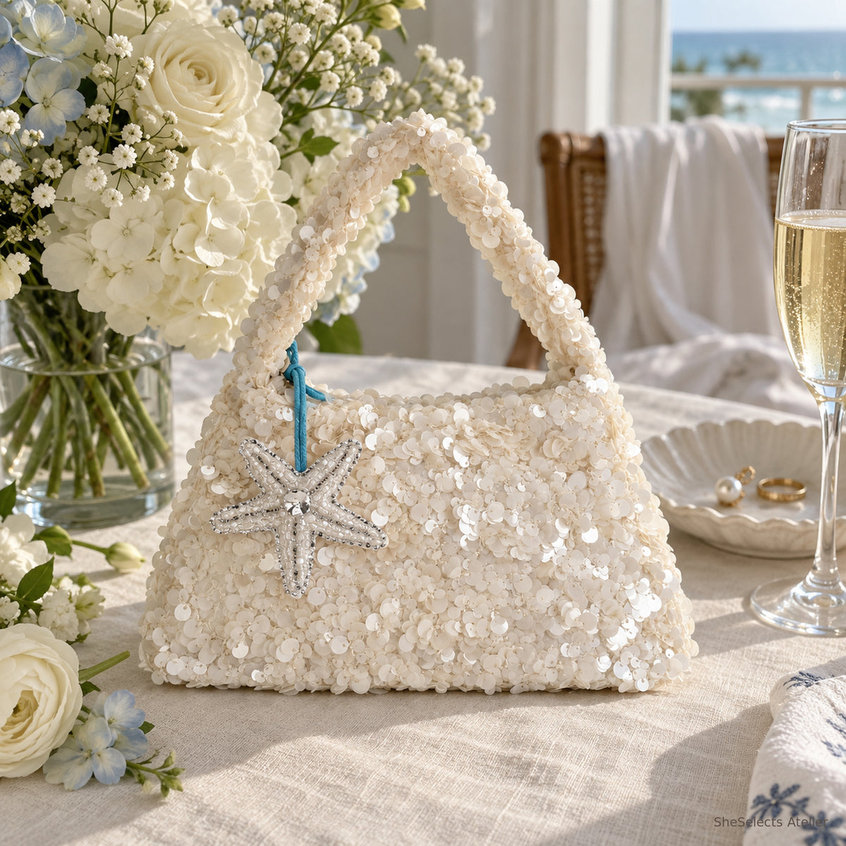 SheSelects Atelier sequin bag starfish front for wedding bridesmaid weekend
