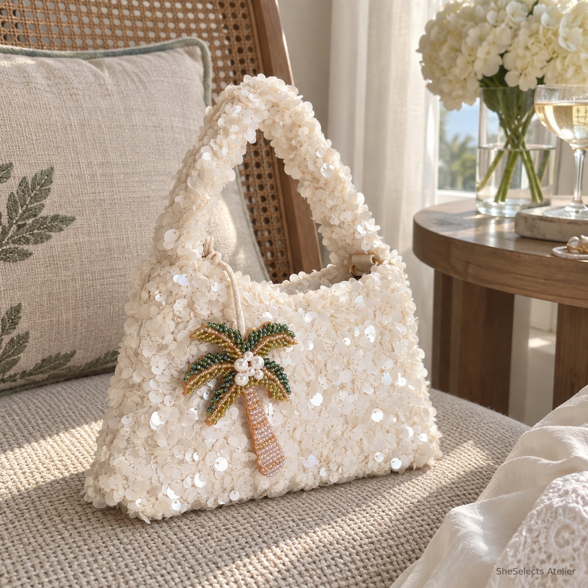 SheSelects Atelier sequin bag palm angle for wedding bridesmaid weekend