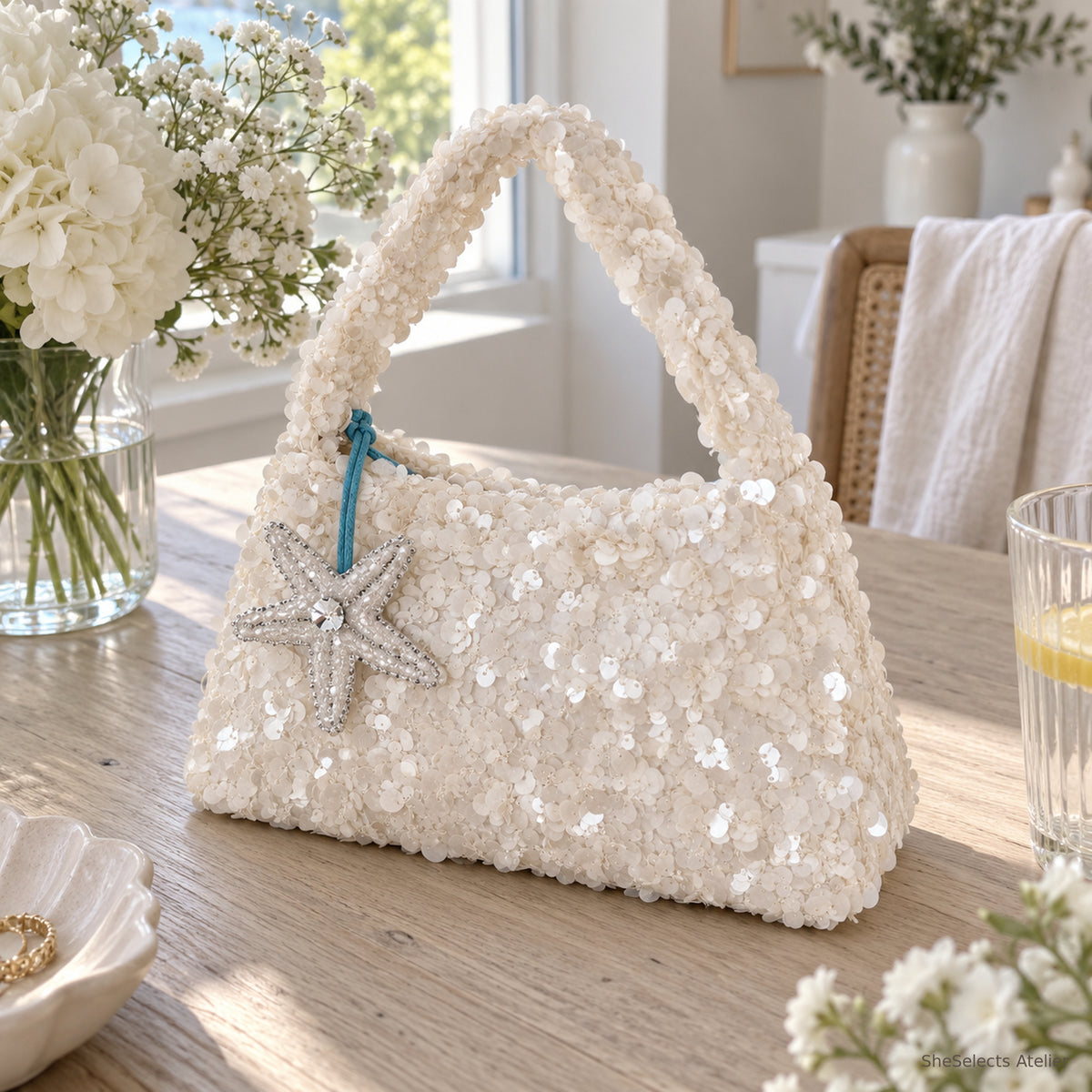 SheSelects Atelier sequin bag starfish angle for wedding bridesmaid weekend