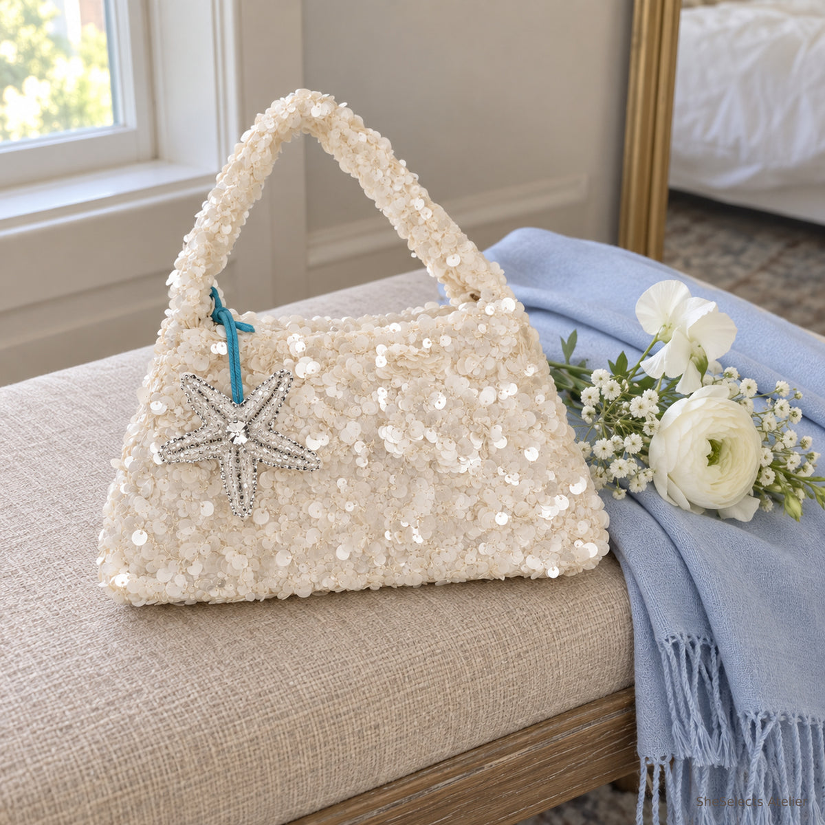 SheSelects Atelier sequin bag starfish bench for wedding bridesmaid weekend