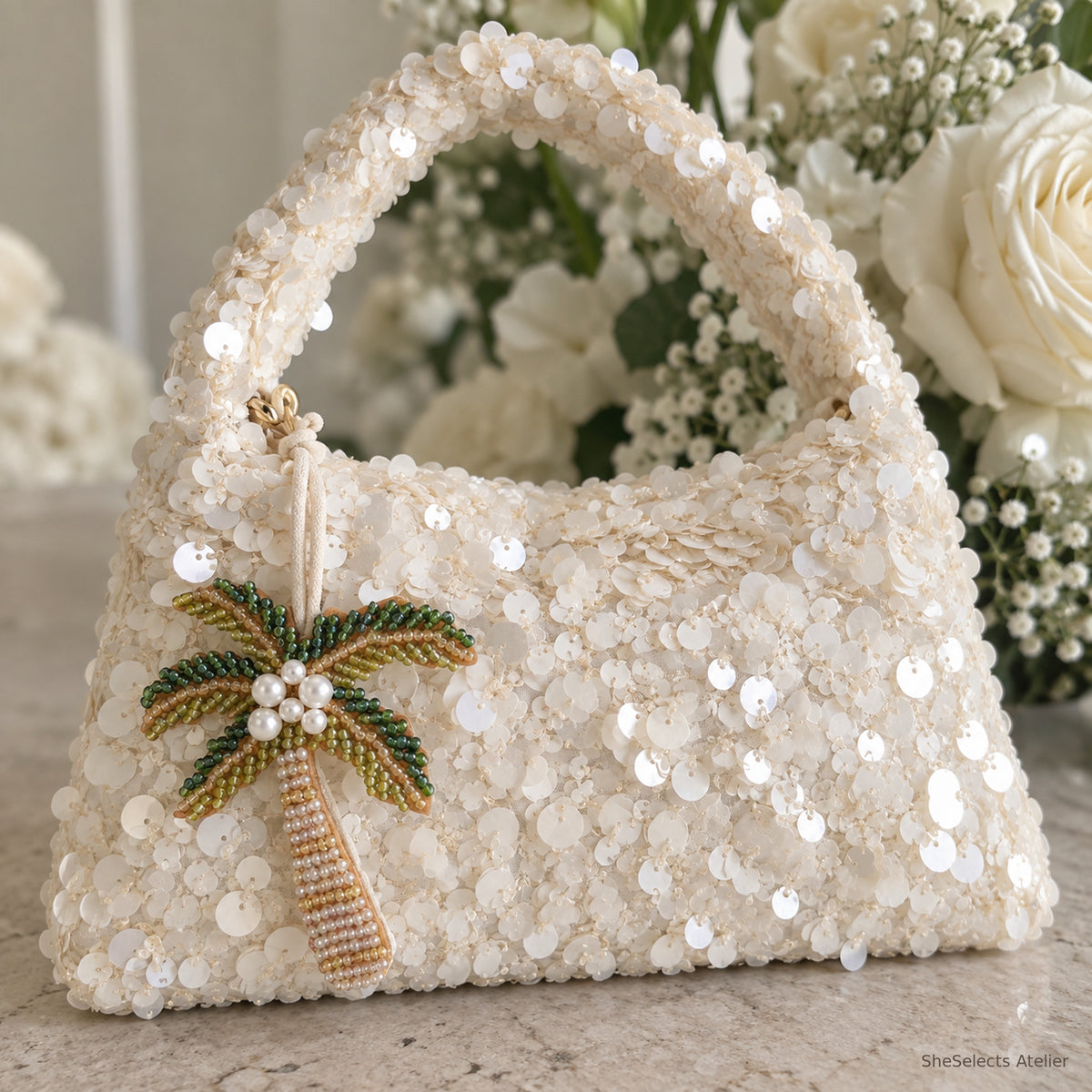 SheSelects Atelier sequin bag palm detail for wedding bridesmaid weekend