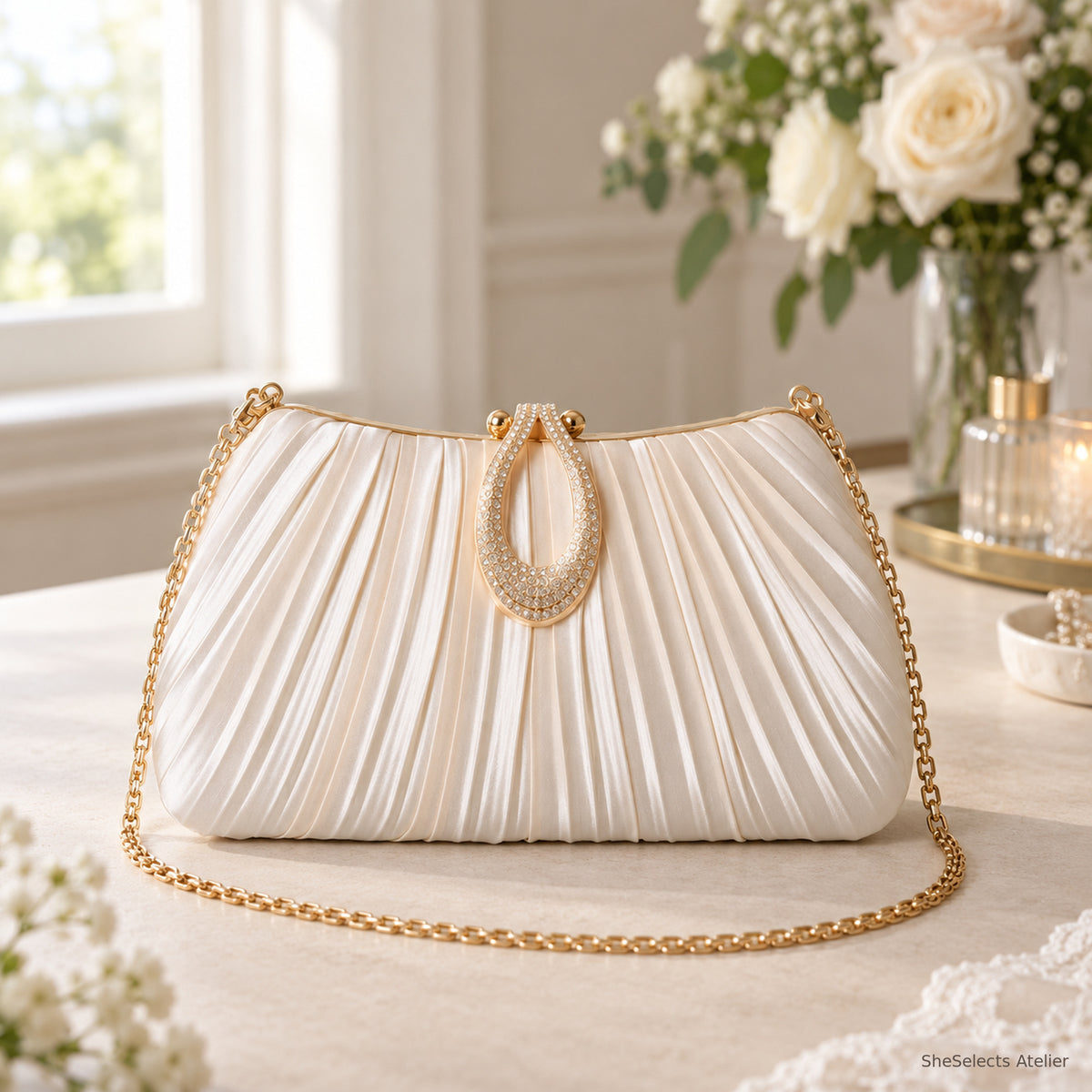 SheSelects Atelier pleated satin evening bag apricot front for wedding and bridesmaid style