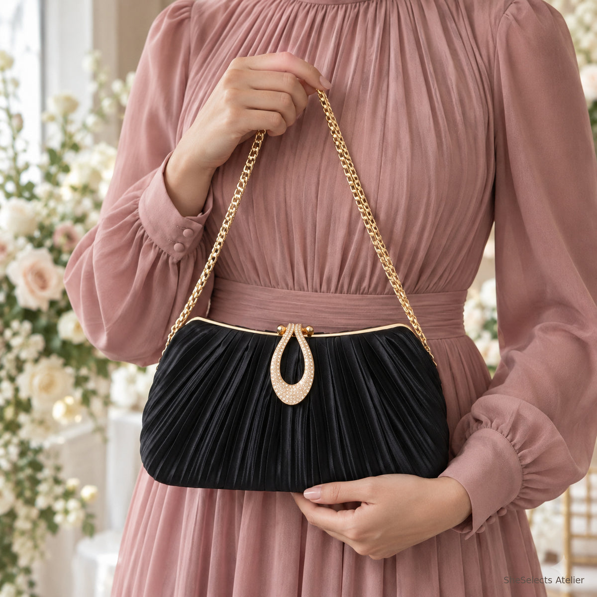 SheSelects Atelier pleated satin evening bag black bridesmaid for wedding and bridesmaid style
