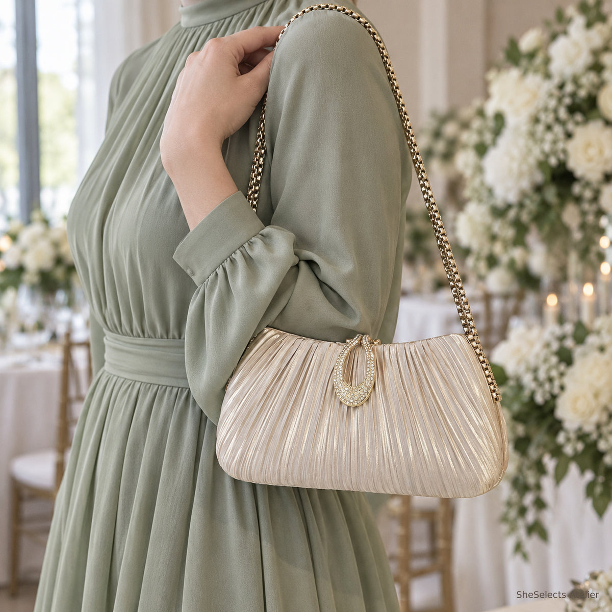 SheSelects Atelier pleated satin evening bag apricot shoulder for wedding and bridesmaid style