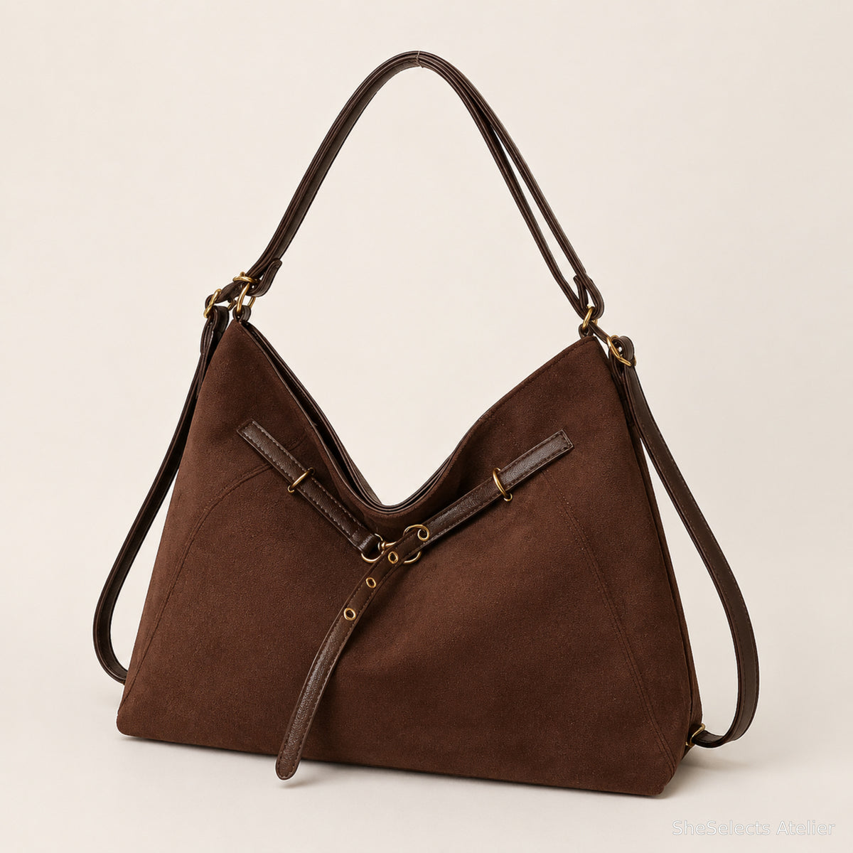 Brown faux suede hobo bag front three-quarter studio view