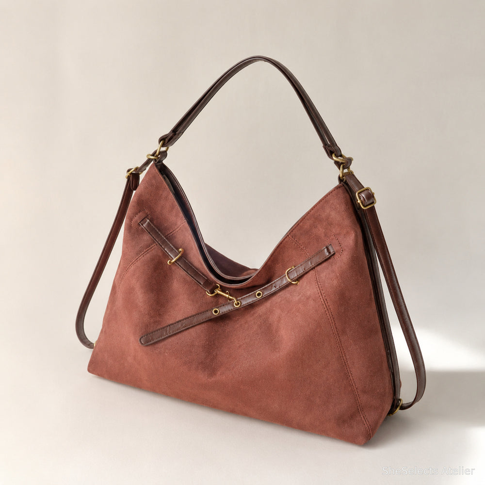Hobo-Tasche in Wildlederoptik, große lässige Schultertasche mit Reißverschluss und verstellbaren Riemen