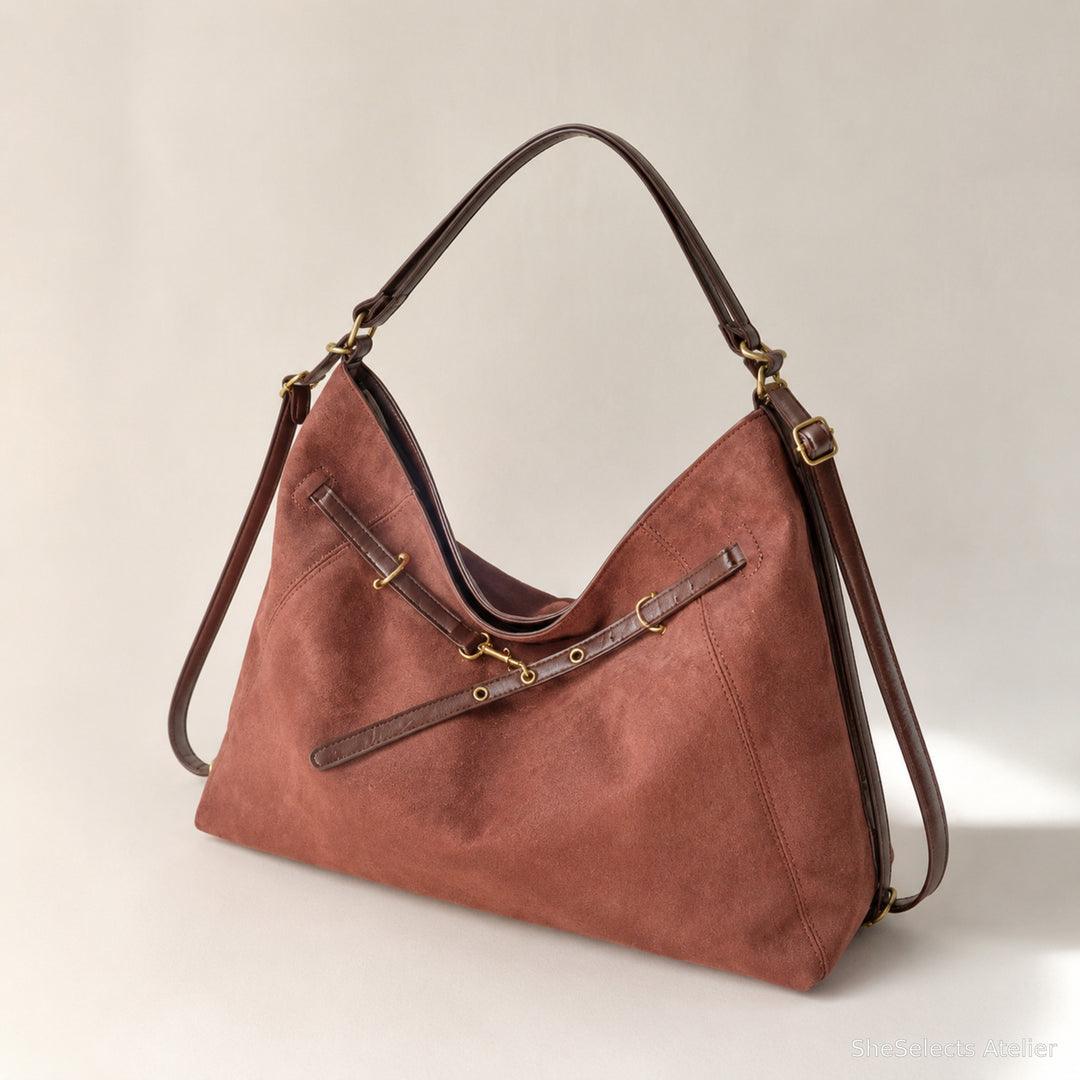 Faux Suede Hobo Bag, Large Slouchy Shoulder Tote with Zipper and Adjustable Straps