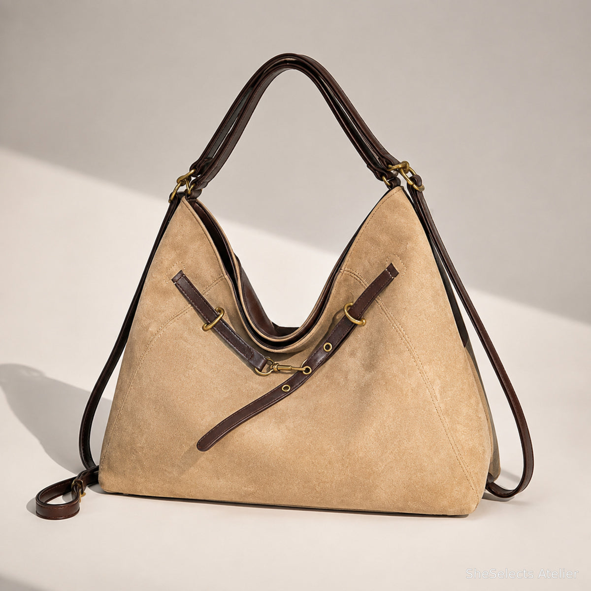 Khaki faux suede hobo tote studio view