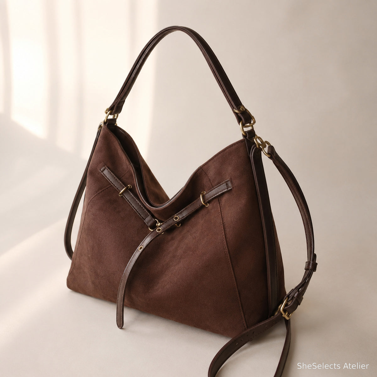 Brown faux suede tote three-quarter side view