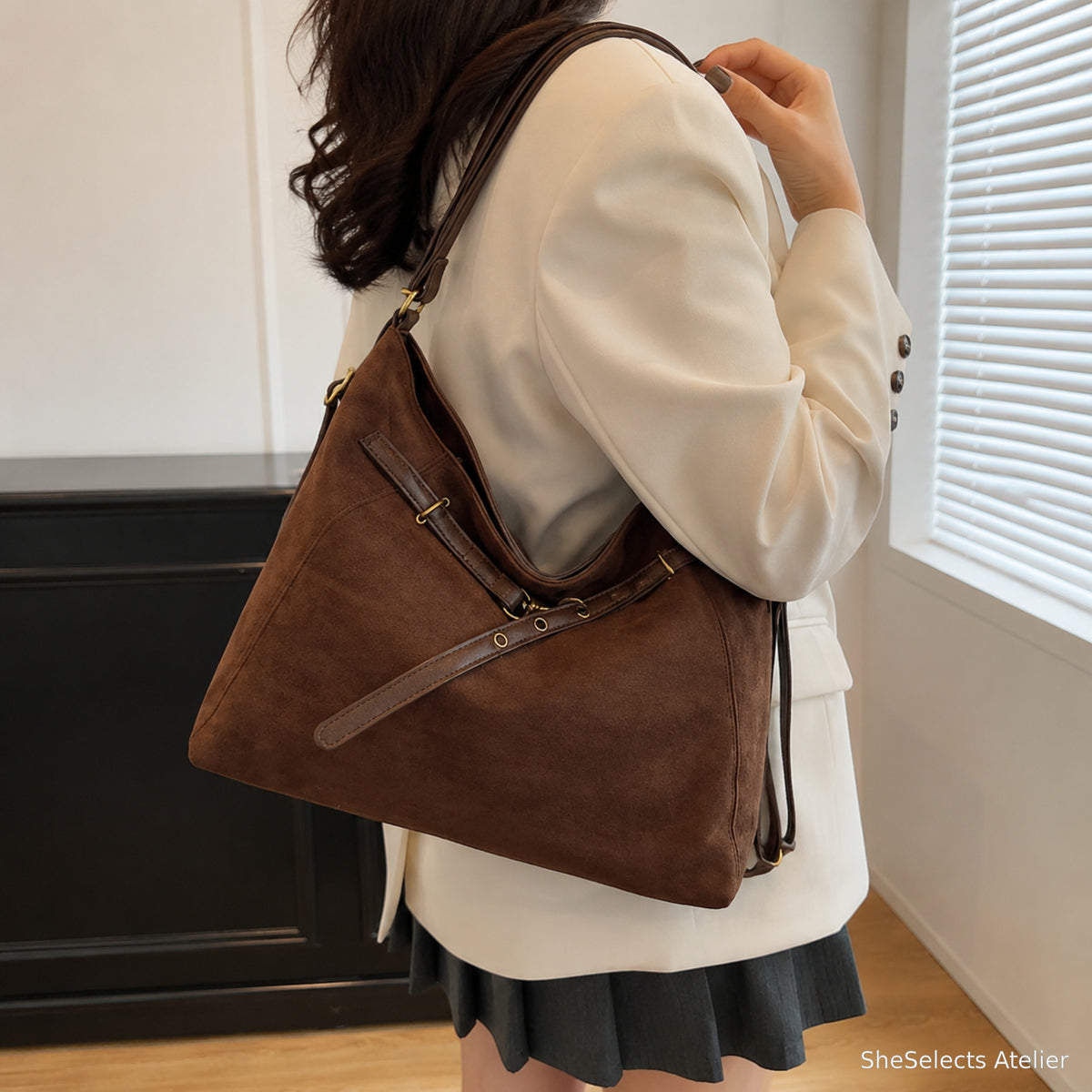 Brown hobo work tote styled with a cream blazer