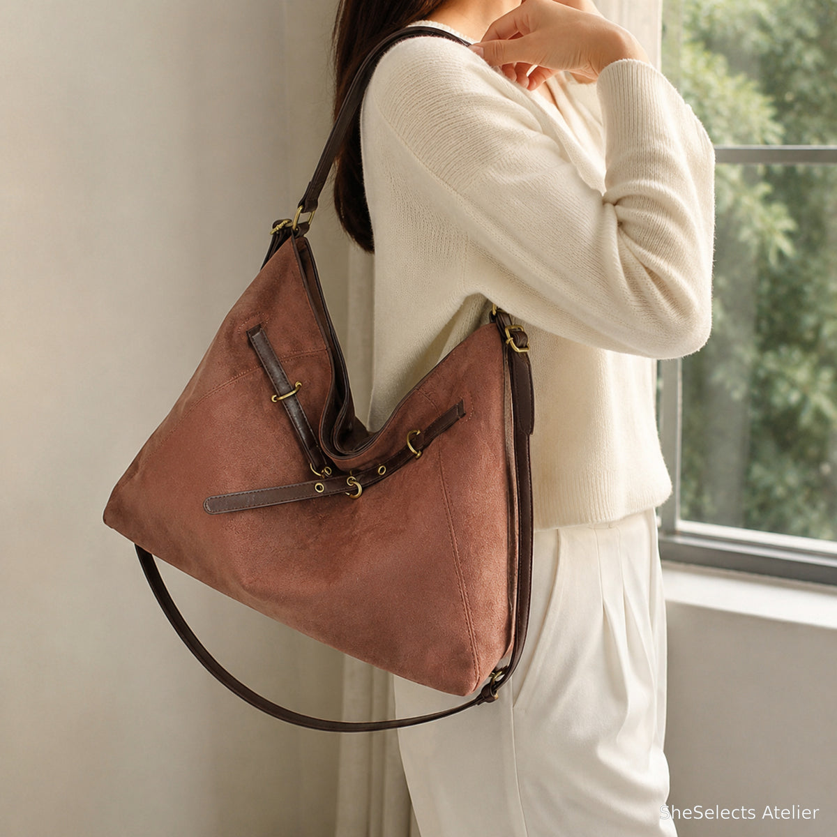 Light brown faux suede hobo bag with ivory outfit