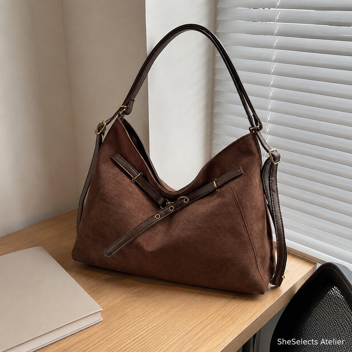 Brown faux suede work tote beside a desk
