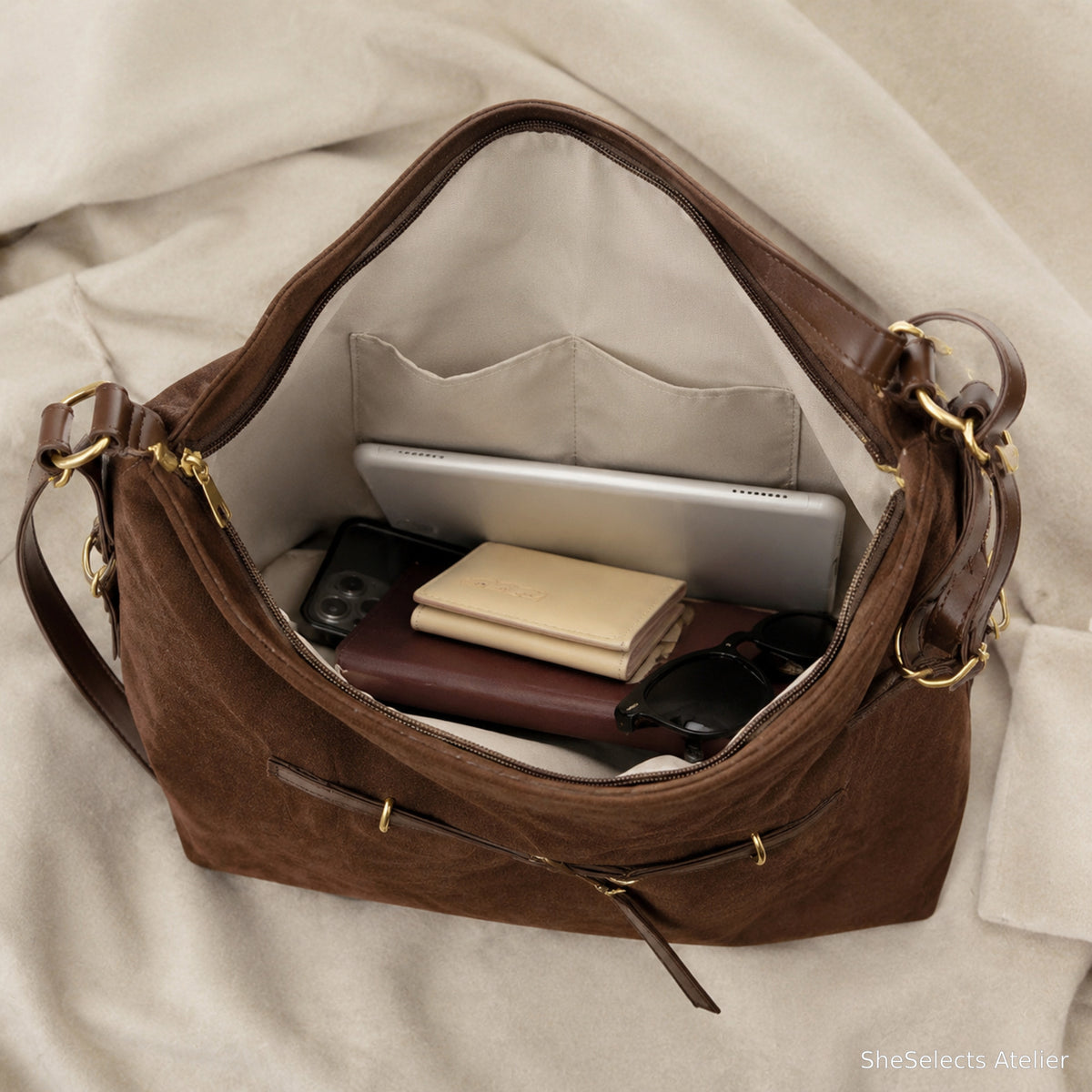 Brown large tote open capacity view with essentials