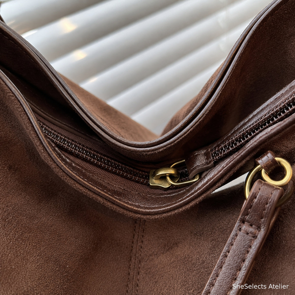 Zipper-top closure and edge trim close-up