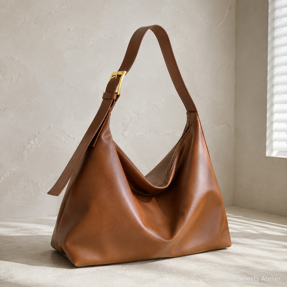 Brown large vegan leather hobo bag front view