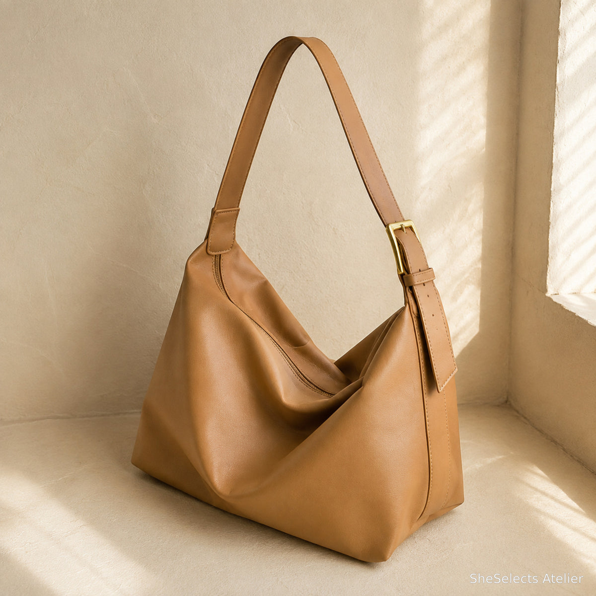 Khaki large vegan leather hobo bag front view