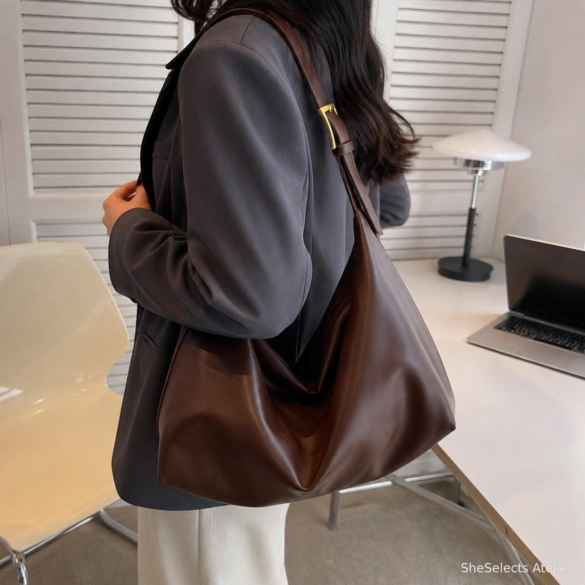 Coffee oversized slouchy shoulder bag work style