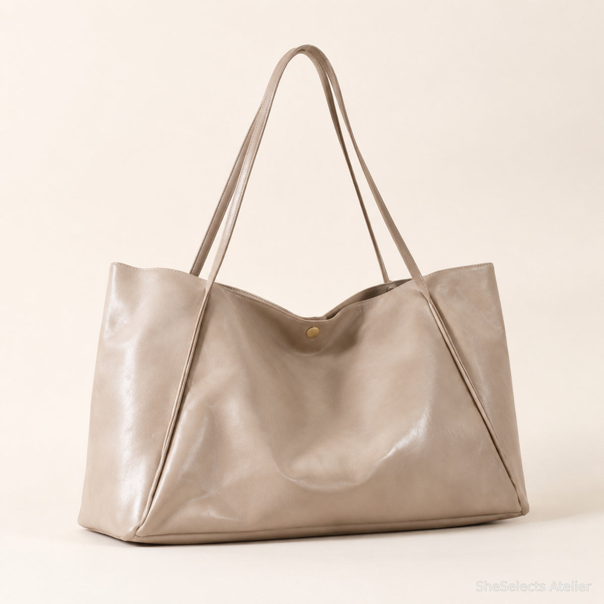 Beige large vegan leather tote bag front view