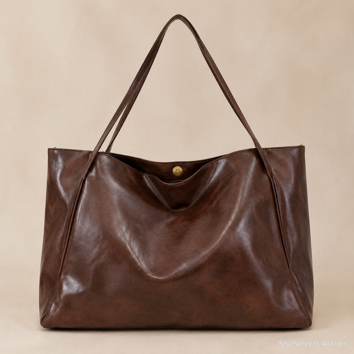 Brown soft slouchy shoulder tote straight front view
