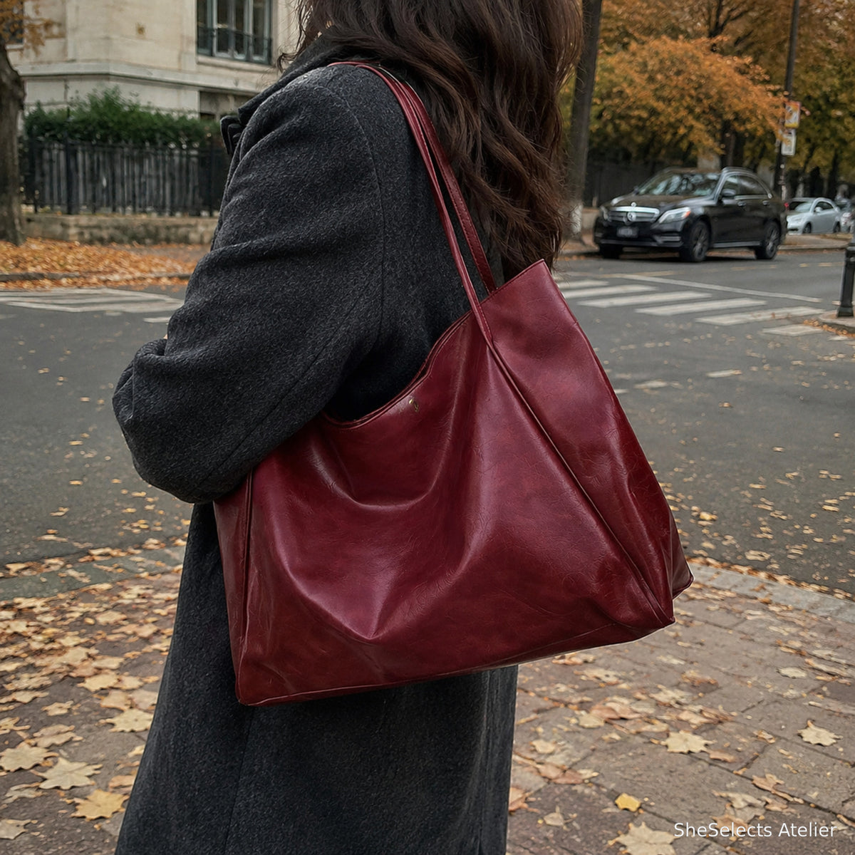 Wine Red oversized tote bag styled for fall