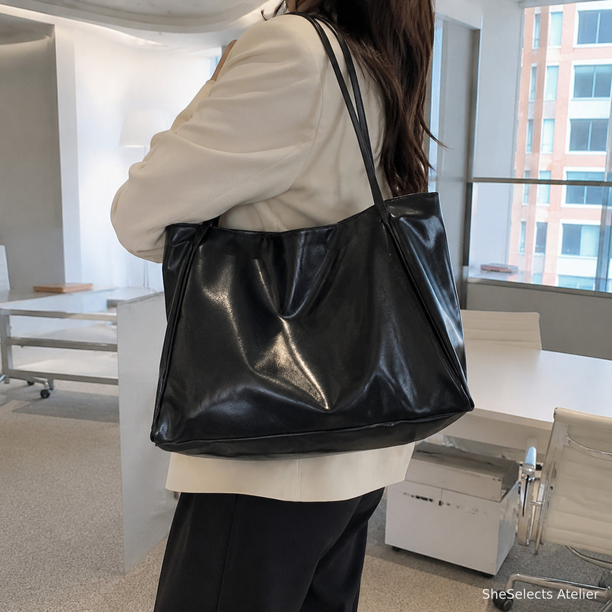 Black large shoulder tote bag for work