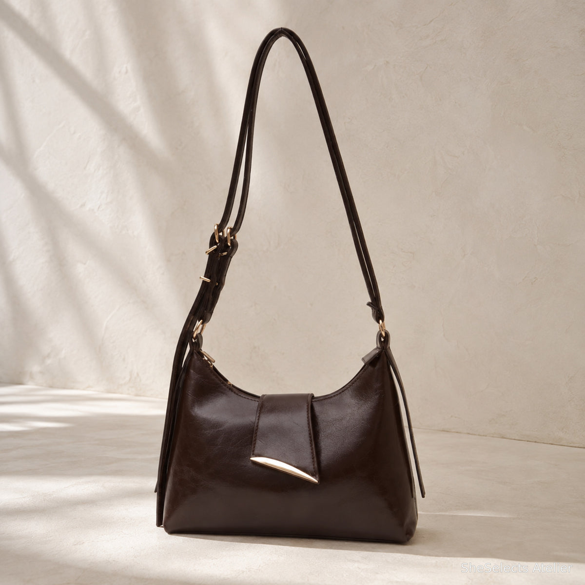 Brown vegan leather shoulder bag front view