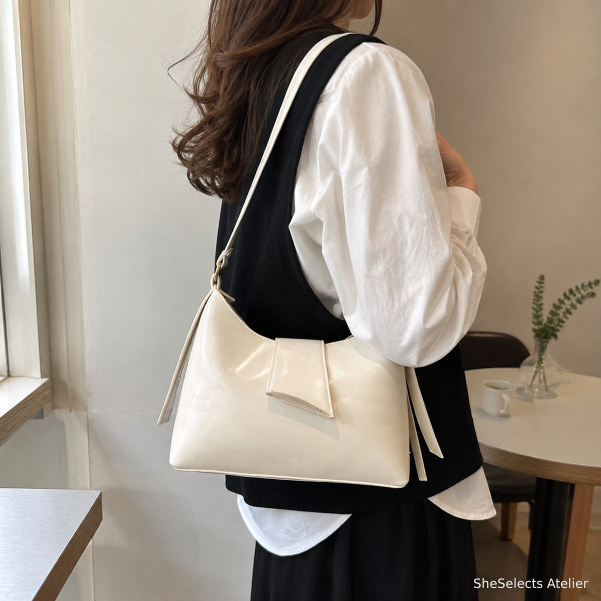 White minimalist shoulder bag lifestyle view
