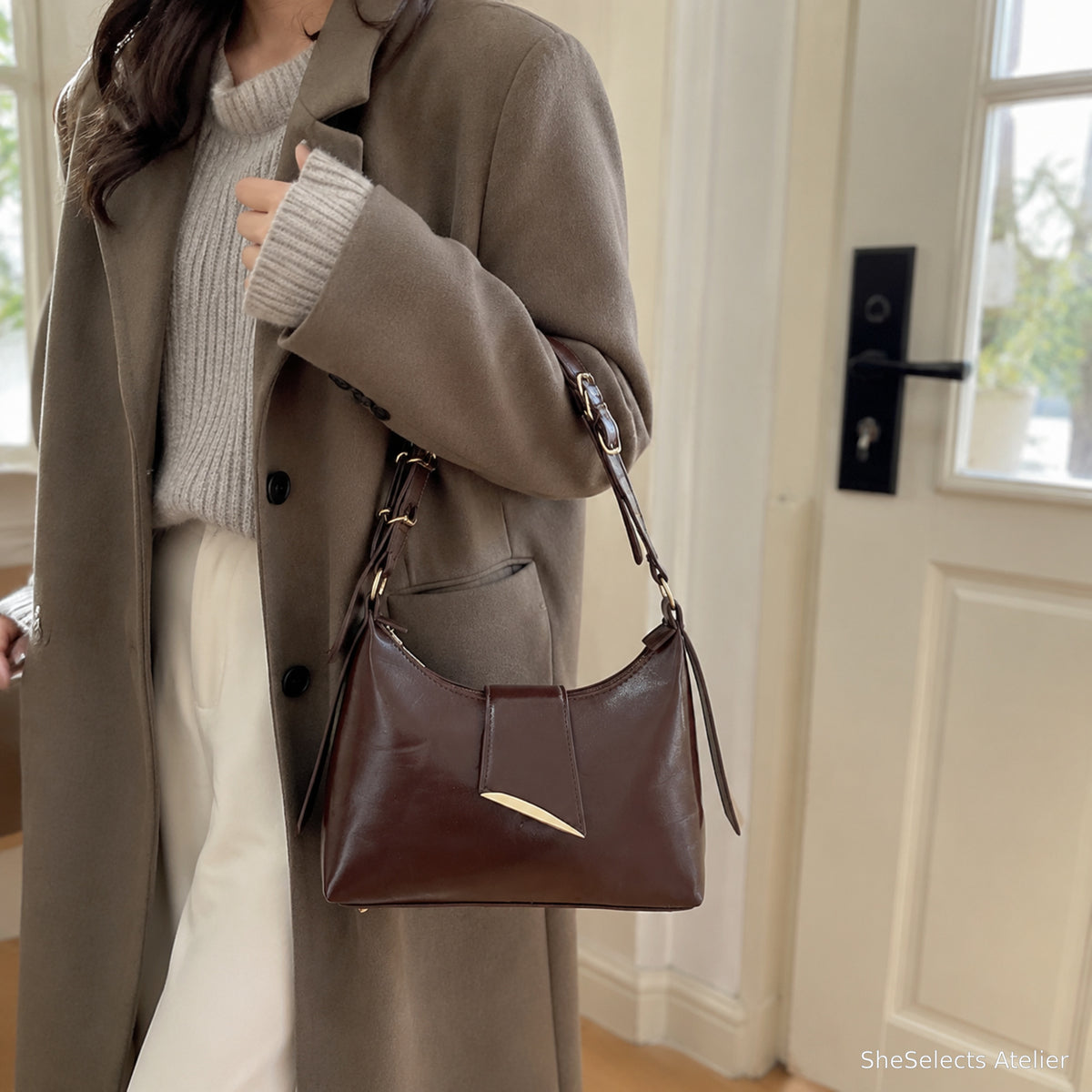 Brown small shoulder bag neutral outfit