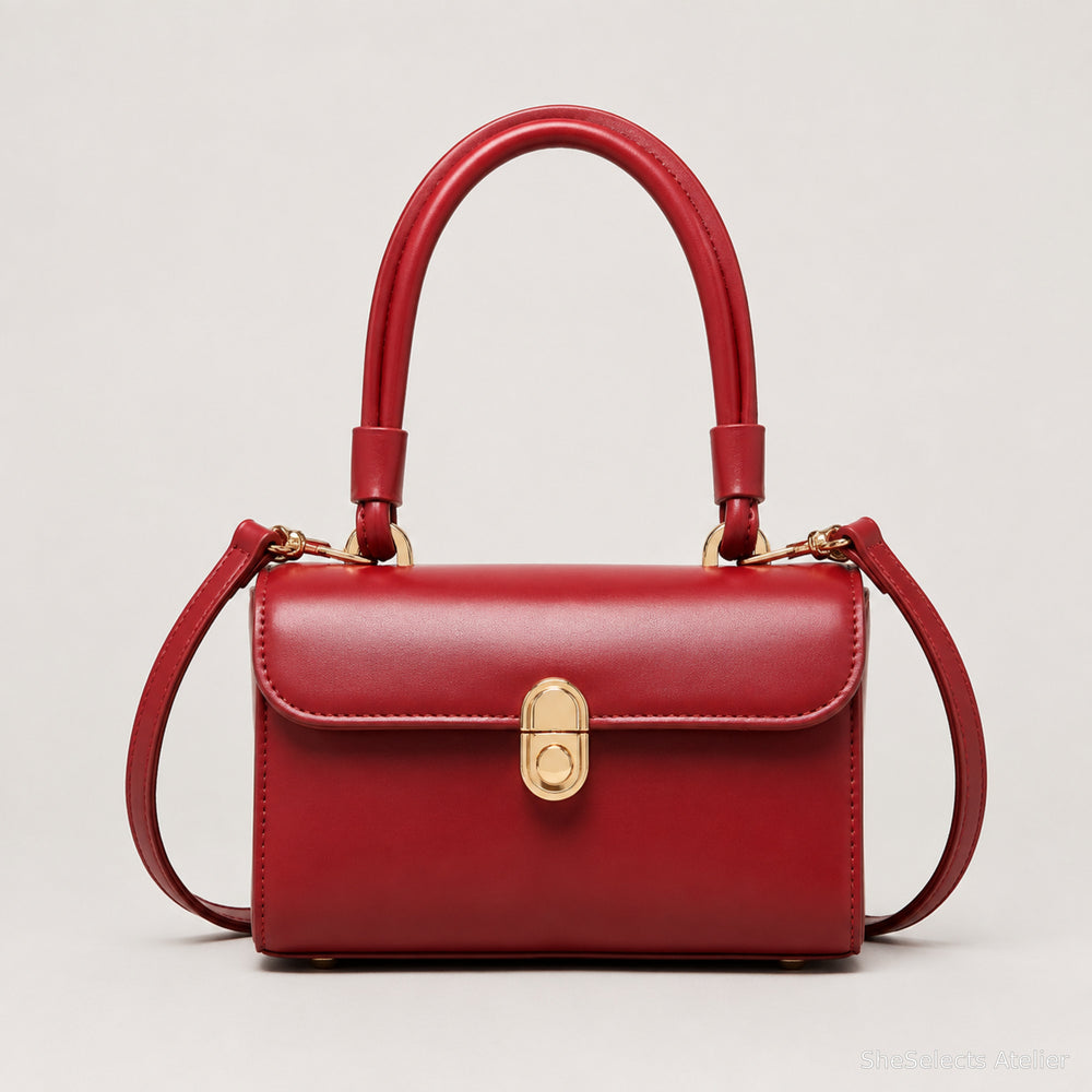 Rote Retro-Schultertasche, strukturierte Henkeltasche mit Crossbody-Riemen und goldfarbenem Verschluss