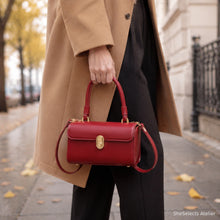 Red Retro Shoulder Bag, Structured Top Handle Purse with Crossbody Strap and Gold Clasp