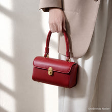 Red Retro Shoulder Bag, Structured Top Handle Purse with Crossbody Strap and Gold Clasp