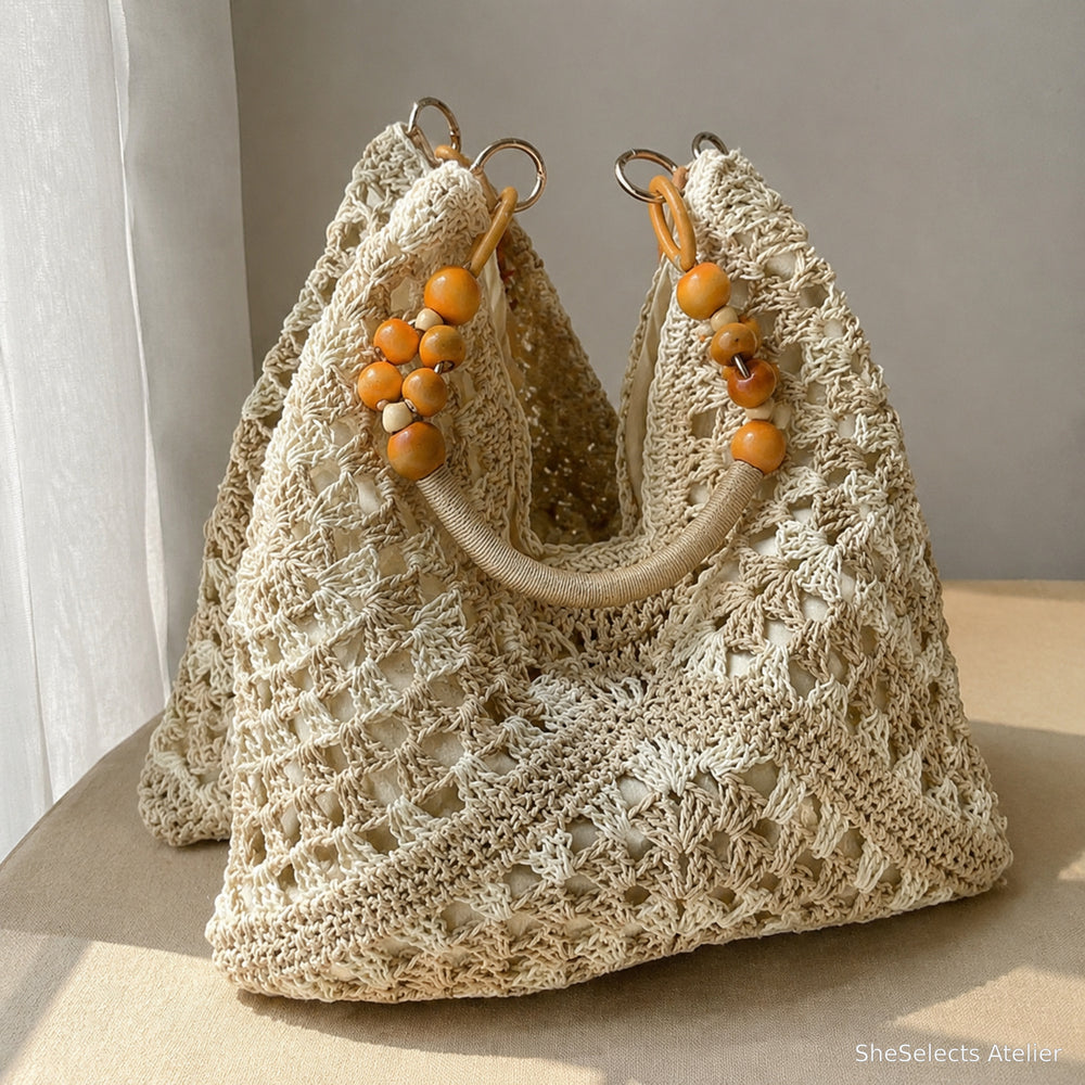 Geflochtene Strand-Tote, Boho-Schultertasche mit Perlengriff und gefüttertem Innenraum