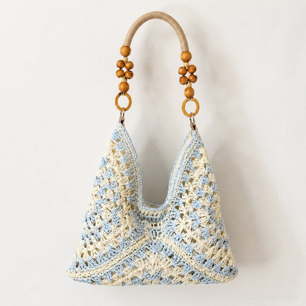 Geflochtene Strand-Tote, Boho-Schultertasche mit Perlengriff und gefüttertem Innenraum