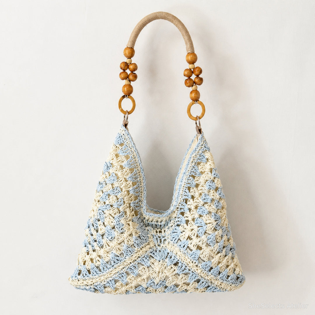 Woven Beach Tote Bag, Boho Shoulder Purse with Beaded Handle and Lined Interior