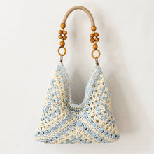 Woven Beach Tote Bag, Boho Shoulder Purse with Beaded Handle and Lined Interior