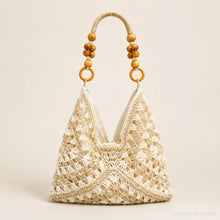 Woven Beach Tote Bag, Boho Shoulder Purse with Beaded Handle and Lined Interior