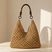 Woven Beach Tote Bag, Boho Shoulder Purse with Beaded Handle and Lined Interior
