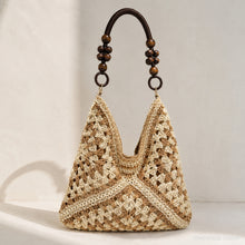 Woven Beach Tote Bag, Boho Shoulder Purse with Beaded Handle and Lined Interior