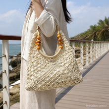Woven Beach Tote Bag, Boho Shoulder Purse with Beaded Handle and Lined Interior