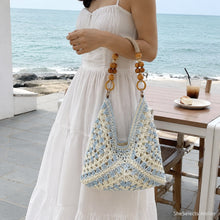 Woven Beach Tote Bag, Boho Shoulder Purse with Beaded Handle and Lined Interior