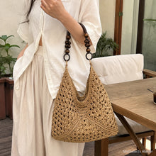 Woven Beach Tote Bag, Boho Shoulder Purse with Beaded Handle and Lined Interior