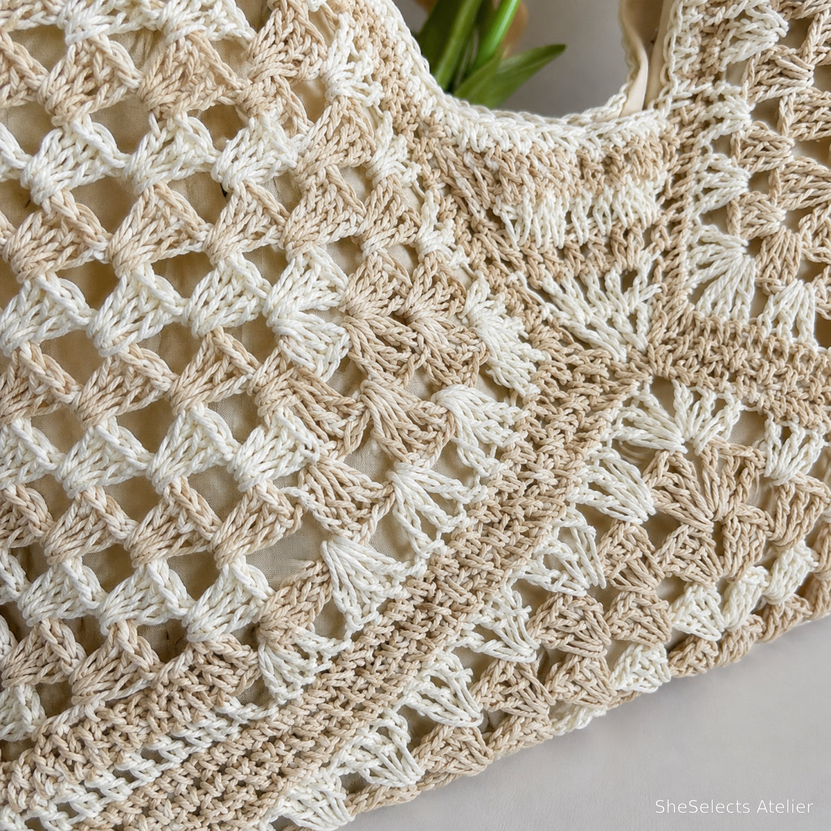 Close-up of ivory and beige open-weave geometric texture