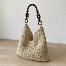Woven Beach Tote Bag, Boho Shoulder Purse with Beaded Handle and Lined Interior