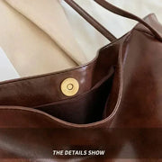 Vegan Leather Tote Bag for Women, Soft Everyday Shoulder Purse in Coffee, styled as a SheSelects summer accessory