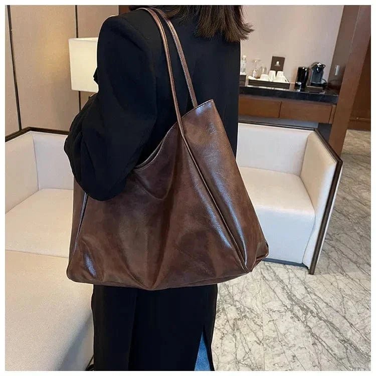Vegan Leather Tote Bag for Women, Soft Everyday Shoulder Purse in Coffee, styled as a SheSelects summer accessory