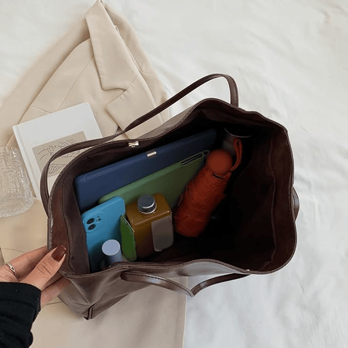 Vegan Leather Tote Bag for Women, Soft Everyday Shoulder Purse in Coffee, styled as a SheSelects summer accessory
