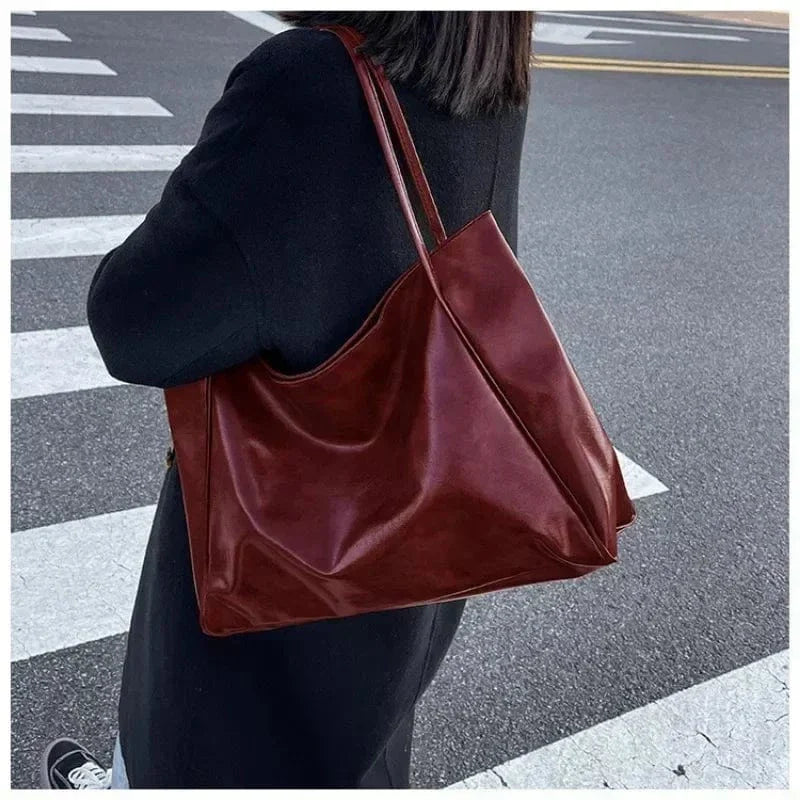 Vegan Leather Tote Bag for Women, Soft Everyday Shoulder Purse in Coffee, styled as a SheSelects summer accessory