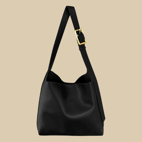 Small Vegan Leather Tote Bag for Women, Soft Everyday Shoulder Purse in Black, styled as a SheSelects summer accessory