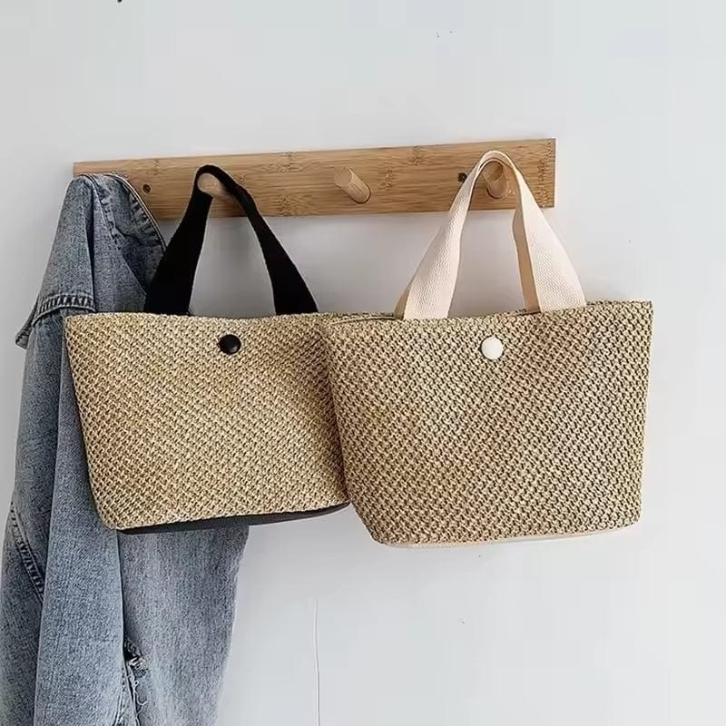 Small Raffia Summer Bag for Women, Natural Summer Vacation Purse in Black, styled as a SheSelects summer accessory
