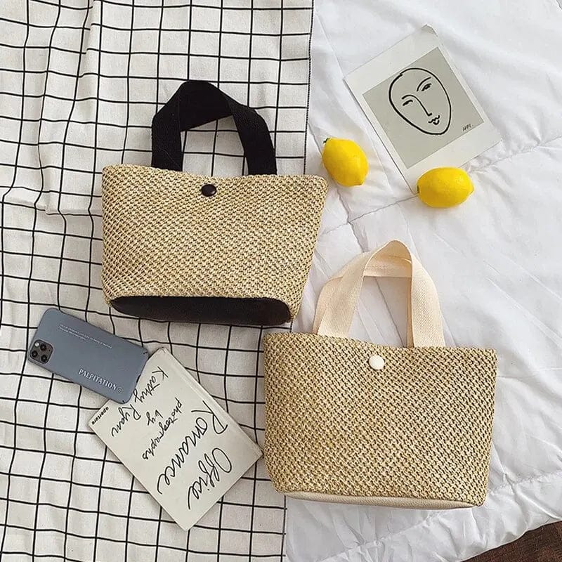 Small Raffia Summer Bag for Women, Natural Summer Vacation Purse in Black, styled as a SheSelects summer accessory